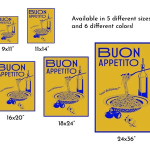 Puede incluir: Un conjunto de cinco impresiones de diferentes tama&ntilde;os que presentan una ilustraci&oacute;n azul y blanca de un plato de espaguetis con una botella de aceite de oliva y el texto "Buon Appetito" y "cosi delizioso!" sobre un fondo amarillo.