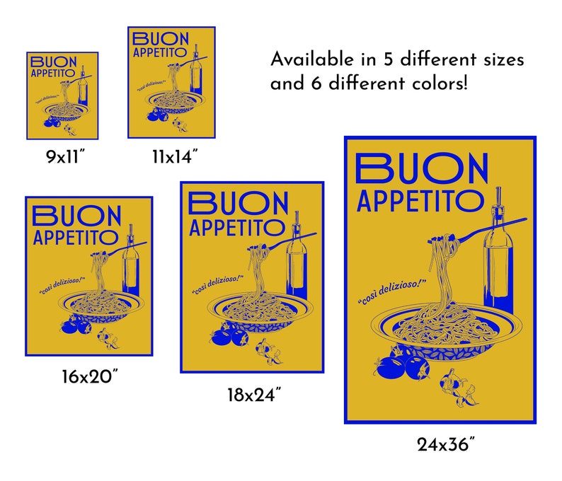 Puede incluir: Un conjunto de cinco impresiones de diferentes tama&ntilde;os que presentan una ilustraci&oacute;n azul y blanca de un plato de espaguetis con una botella de aceite de oliva y el texto "Buon Appetito" y "cosi delizioso!" sobre un fondo amarillo.