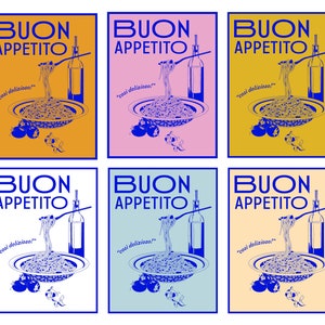 Puede incluir: Seis carteles coloridos con la frase italiana "Buon Appetito" en texto azul, que significa "Buen provecho". Cada cartel presenta un plato de espaguetis con un tenedor y una botella de aceite de oliva. El texto "cosi delizioso" tambi&eacute;n est&aacute; incluido en cada cartel, que significa "tan delicioso".