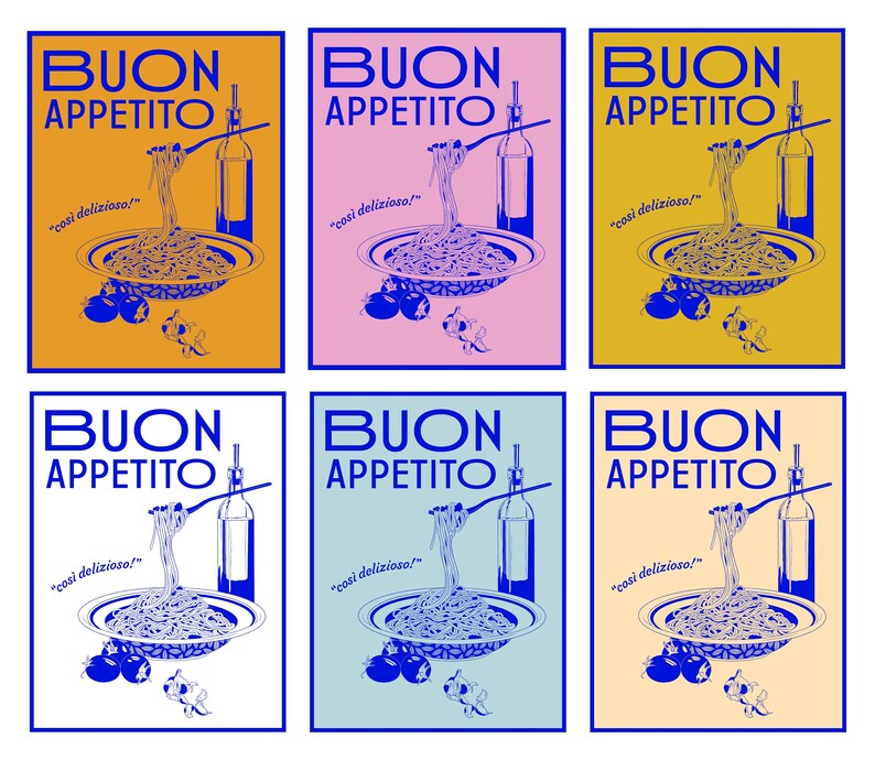 Puede incluir: Seis carteles coloridos con la frase italiana "Buon Appetito" en texto azul, que significa "Buen provecho". Cada cartel presenta un plato de espaguetis con un tenedor y una botella de aceite de oliva. El texto "cosi delizioso" tambi&eacute;n est&aacute; incluido en cada cartel, que significa "tan delicioso".