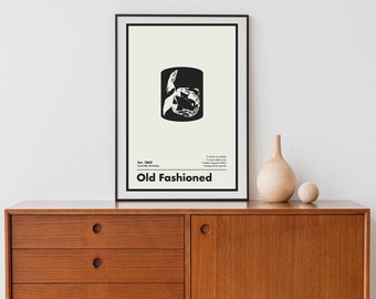 Black and White Old Fashioned Cocktail Print, Minimalist Wall Art, Home Bar Decor, Black and White Art Print