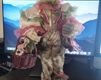 Tall vintage Easter bunny with basket of flowers and bag of eggs figurine statue