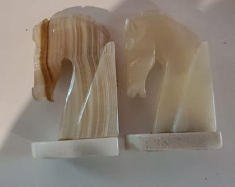 Vintage Trojan Horse Head Bookends Carved Onyx Rock Marble Stone Book Ends