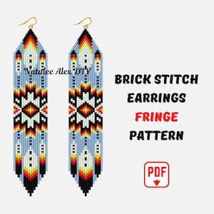 May include: A digital pattern for brick stitch earrings with fringe. The pattern features a geometric design with blue, white, red, yellow, and black beads. The pattern is available as a PDF download.