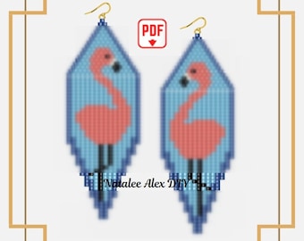 Flamingo beaded earrings pattern fringe brick stitch PDF patterns for miyuki delika seed beads beading pattern