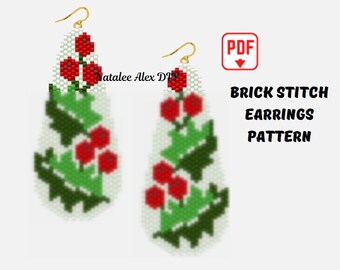 Brick Stitch Earrings Teardrop Pattern Holly Seed Bead Christmas Floral beaded earrings pattern Ladder stitch Miyuki Delica PDF Peyote