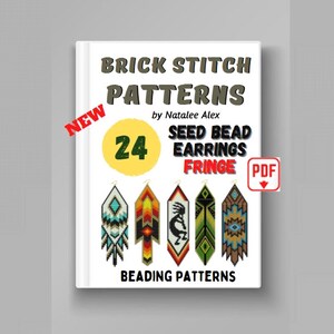 Op de afbeelding: Een boekomslag met de titel "Brick Stitch Patterns" en een ondertitel "24 Seed Bead Earrings Fringe". De omslag heeft een gele cirkel met het nummer 24 erin en een rood rechthoek met het woord "PDF" erin. De omslag heeft ook vijf kleurrijke kralen oorbellen.
