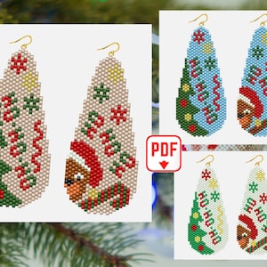 May include: A set of three pairs of beaded Christmas tree earrings. Each pair features a different color scheme: beige, blue, and white. The earrings are shaped like teardrops and feature a Christmas tree design with the words "Ho Ho Ho" and a small bear wearing a Santa hat.