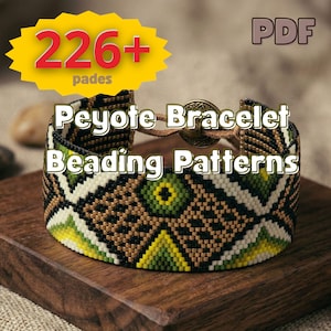 May include: A beaded Peyote bracelet with a geometric pattern in black, brown, green, and white. The bracelet is displayed on a wooden surface. Text on the image reads "Peyote Bracelet Beading Patterns" and "226+ pages".