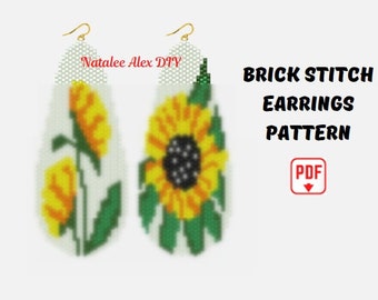 Brick Stitch Earrings Pattern Teardrop Sunflower Earrings Seed Bead Ladder stitch Miyuki Delica Floral Bead Peyote Pattern PDF Pink