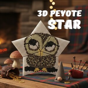 May include: A beaded star-shaped ornament with an owl design. The star is white with a detailed owl face in shades of brown, green, and black. The text "3D PEYOTE STAR" is displayed above the star. Other decorative items are in the background.