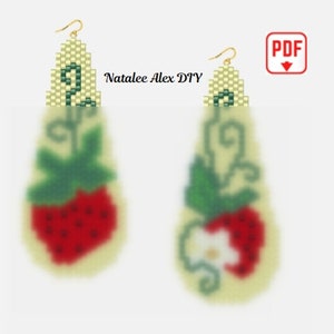 Brick Stitch Earring Pattern Strawberries Seed Bead Teardrop Ladder stitch Miyuki Delica Beaded jewelry Floral Pattern Peyote PDF digital