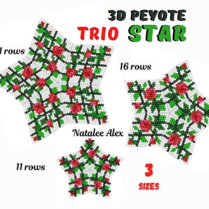 3D Peyote Star Beading Pattern Trio Roses  Spring decor + Full tutorial for beginners PDF