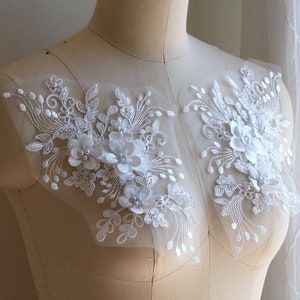 2158 3D Off White Lace Applique, Pearl Beaded Lace Applique for Wedding Dress, White Costume Lace Applique, HeadPieces Lace, Veil Lace