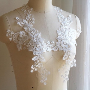 2120 Aplique de renda, aplique de renda com contas de lantejoulas para vestido de noiva, aplique de renda para véu de noiva. Aplique de renda de noiva com brilho suave, par espelhado