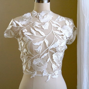 2281B Vintage Lace Applique Off White Embroidered With Floral Leaf Short Wedding Dress Bodice Jean Jacket Appliqué Ivory Lace Pillow Case