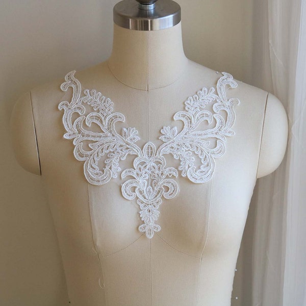 2100-b Neck Lace Applique Wedding Dress, Vintage Corded Lace Applique, Ivory Bridal Gown Lace Applique, Lace Applique for Long Bridal Veils