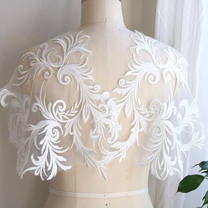 2061 Aplique de encaje de novia grueso, aplique de encaje de corpiño, encaje de lentejuelas transparentes con cuentas, blanco roto, aplique de encaje de novia, encaje de novia bordado