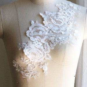 2145 Light Ivory Champagne Lace Applique, Cotton Lace Applique for Wedding Dress, Bridal Gown Lace Applique, Large Pair Lace Applique New