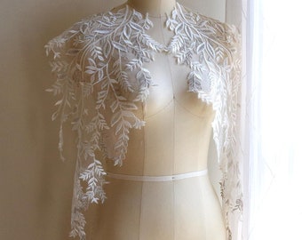 2130 Silver White Lace Applique, Leaves Lace for Wedding Dress, Large Lace Mirrored Pair, Cape Lace, Wedding Dress Jacket Lace Applique