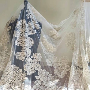M003 Silber Spitze Stoff für Hochzeitskleid, Perlen Spitze Stoff, Brautkleid Spitze Stoff, Florale Spitze Stoff, Brautschleier Spitze, Couture Spitze