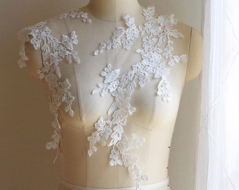 2128 Cherry Blossom Lace Applique, Lace Applique for Wedding Dress, Mirrored Pair Lace Appliqu, Light Ivory Embroidered Bridal Lace Applique