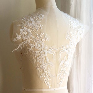 2231 Perlen Paar Spitze Applikation, 3D Braut Spitze Applikation Helles Elfenbein, Einzigartige gespiegeltes Paar Blatt Spitze Applikation, Brautkleid Mieder Spitze