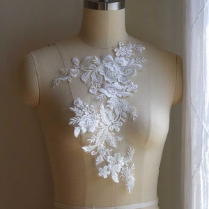 2182 Large Embroidered Lace Applique for Wedding Dress, Light Ivory Bridal Gown Lace Applique, Bridal Veil Lace, Mirrored Pair Lace Appliqu