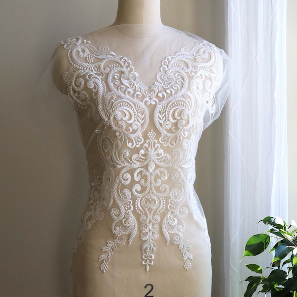 2043 V Neck Bridal Gown Bodice Lace Applique, Heavy Beaded White Lace Applique, Wedding Dress Lace Applique, Light Ivory Wedding Dress Lace