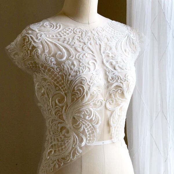 2268b Light Ivory Bodice Lace Applique for DIY Wedding Dress Heavy Beaded Bridal Gown Lace Appliqué for Top Body Piece for Mermaid Dress