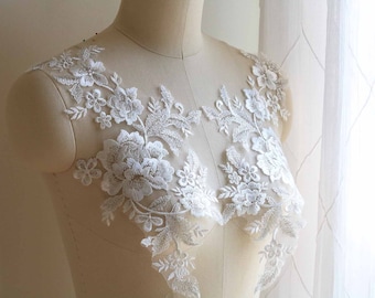 2131 Silver White Lace Applique, Bridal Lace Appliqué, Mirrored Pair, Cape Lace, Bridal Gown lace Applique, Embroidered Lace Pair, New