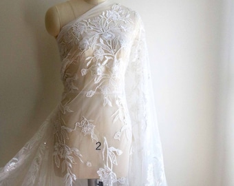 M007 3D Beaded Lace Fabric for Wedding Dress, Sequin Lace Fabric, Bridal Gown Lace Fabric, Off White Lace Fabric, Flower Leaf Lace Fabric