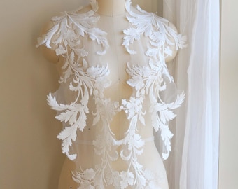2095 Large Cotton Lace Applique for Wedding Dress, Mirrored Pair Bridal Lace Applique, Light Ivory Lace Applique, Embroidered Bridal Lace