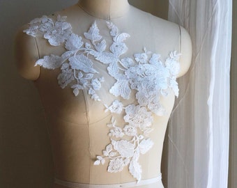 2139 Large Cotton Lace Applique,  Lace Applique for Wedding Dress, Pair Bridal Lace, White Sequin Lace Applique, Embroidered Lace