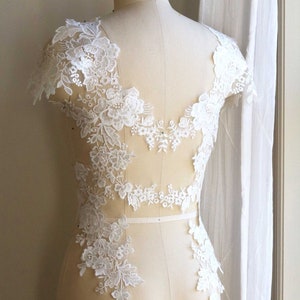 2227 Large White Lace Applique, Sequin Beaded Lace Applique, Bridal Gown Lace Applique, Wedding Dress Lace Applique, Mirrored Pair Lace