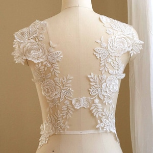 2258 Silber Elfenbein Spitzen Applikation für Hochzeitskleid, Braut Schulter Spitze, Silberfaden Braut Spitzen Applikation, Gespiegeltes Paar Elfenbein Spitze