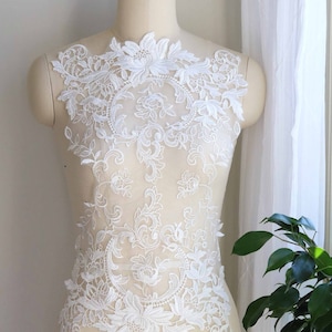 2064 Aplique de encaje para vestido de novia, aplique de encaje para corpiño, encaje para vestido de novia blanco roto, aplique de encaje para novia, encaje de novia bordado