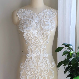 Aplique de encaje para vestido de novia 2065, aplique de encaje para corpiño de corazón, encaje para vestido de novia color marfil claro, encaje de novia bordado, lentejuelas