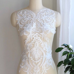 Aplique de encaje con escote de corazón 2067, aplique de encaje para corpiño de novia, encaje para vestido de novia blanco roto, aplique de encaje para novia grande, con lentejuelas y cuentas