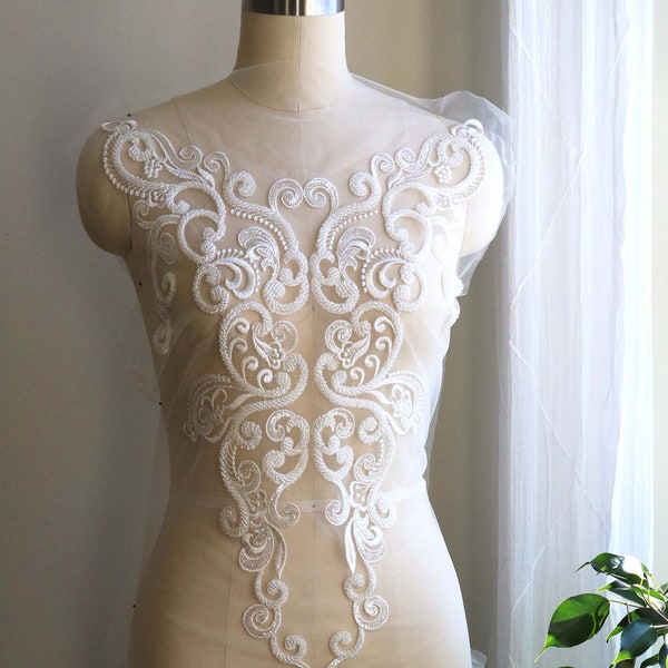 2038 Bridal Gown Bodice Lace Applique, Heavy Beaded White Lace Applique, Wedding Dress Lace Applique, Boat Neck Lace, Light Ivory Lace