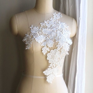 Aplique de encaje nupcial de hojas gruesas 2225, aplique de encaje para corpiño, aplique de encaje para vestido de novia, par reflejado, encaje para vestido de novia, encaje para vestido de novia