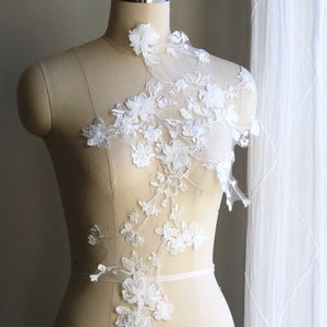 2218 Handgenähte 3D Braut Spitze Applikation, große Perlen Brautkleid Spitze Applikation, helles Elfenbein Brautkleid Spitze Applikation, Perlen perlenbesetzte Spitze