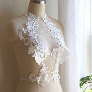Aplique de encaje de onda larga 2179, aplique de encaje grande para vestido de novia, ribete de encaje, aplique de encaje blanco roto, ribete de encaje para velo de novia