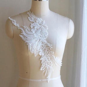 2122 Heavy Beaded Lace Appliqué for Wedding Dress, Embroidered Lace Applique, Light Ivory, Sequin Beaded Lace, Mirrored Pair Lace for Bridal