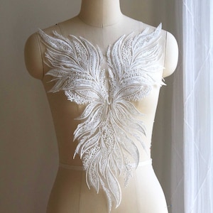 2110 Beaded Bodice Lace Applique for Wedding Dress, Light Ivory Lace Applique, Heavy Beaded Applique Triangle, Bridal Gown Lace Applique