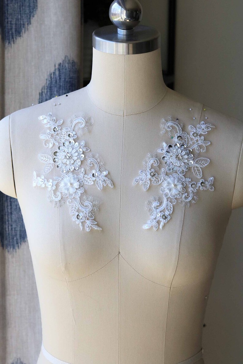Rhinestone Beaded Lace Applique Pearl Sequin Lace Pair 2028 White Lace Applique 3D Wedding Bridal Lace Applique Handmade Lace Applique