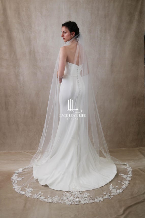 Handmade Beaded Wedding Veil Pearl and Crystal Edge Wedding Veil – Allure Wedding Jewelry main image 4