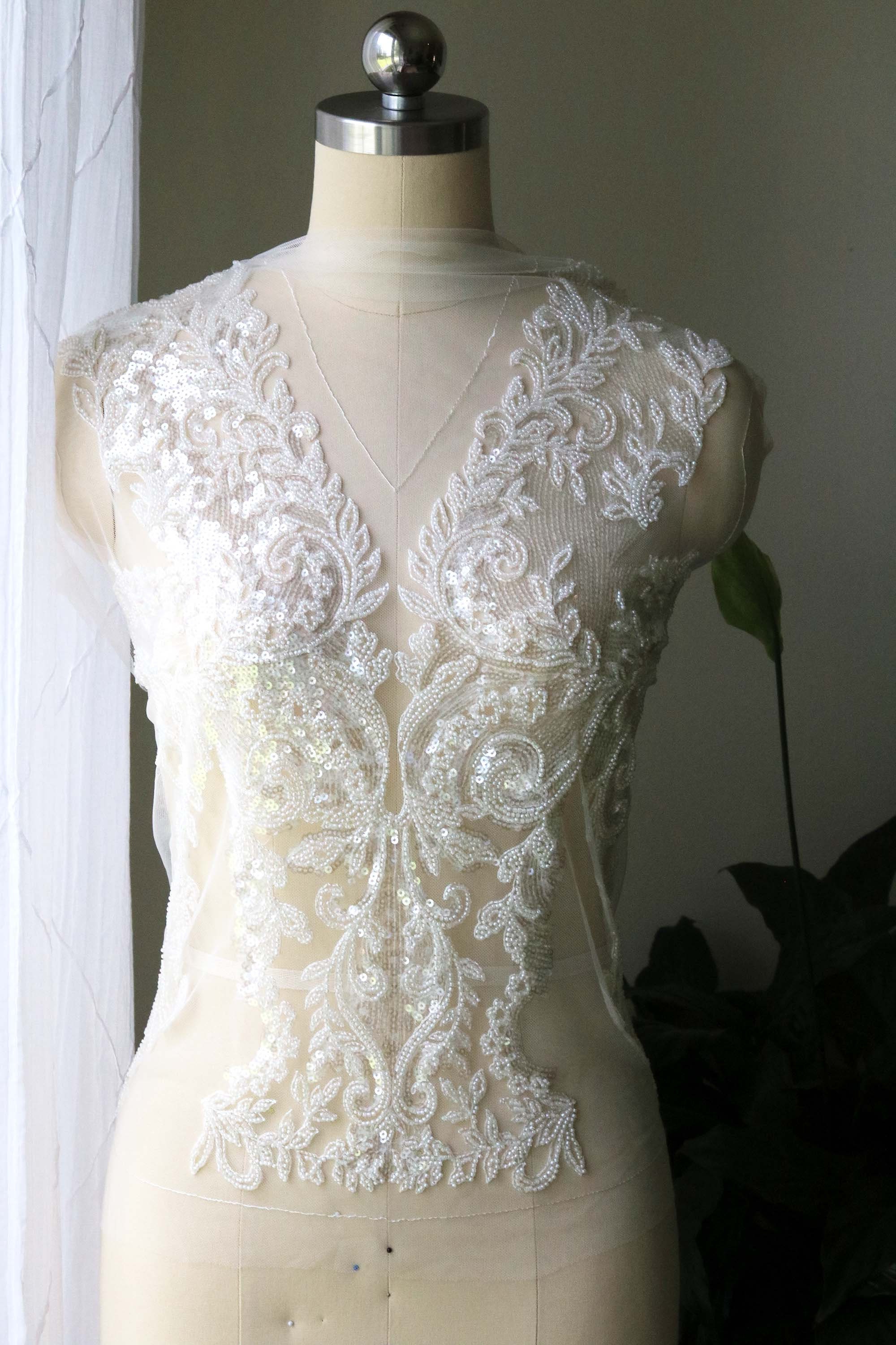 2046 Deep V Neck Bridal Gown Lace Applique, Bodice Sequin Beaded Lace ...