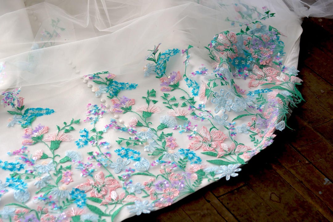 BRIDAL VEIL TURQUOISE FLOWER. MUST SEE VINTAGE Navy Blue Sequined Flower Wedding Veil, Floral Lace  main image 4