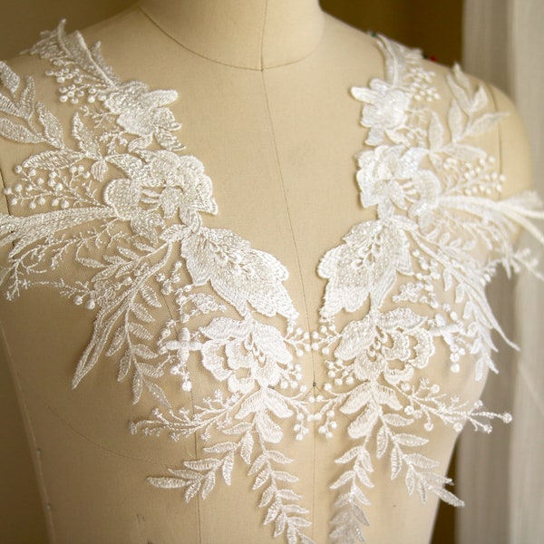 2253 Off White Lace Appliqué Beaded for Bridal Gowns, Wedding Dresses, Bridal Veils, Sequin Applique with Flower and Leaf in Mirrored Pair